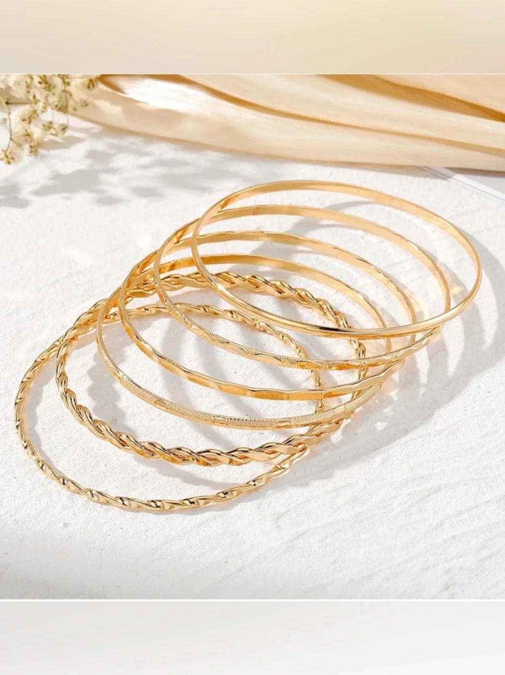 NWT~6pc 14k Gold Layering Stackable Bangle Bracelet Set